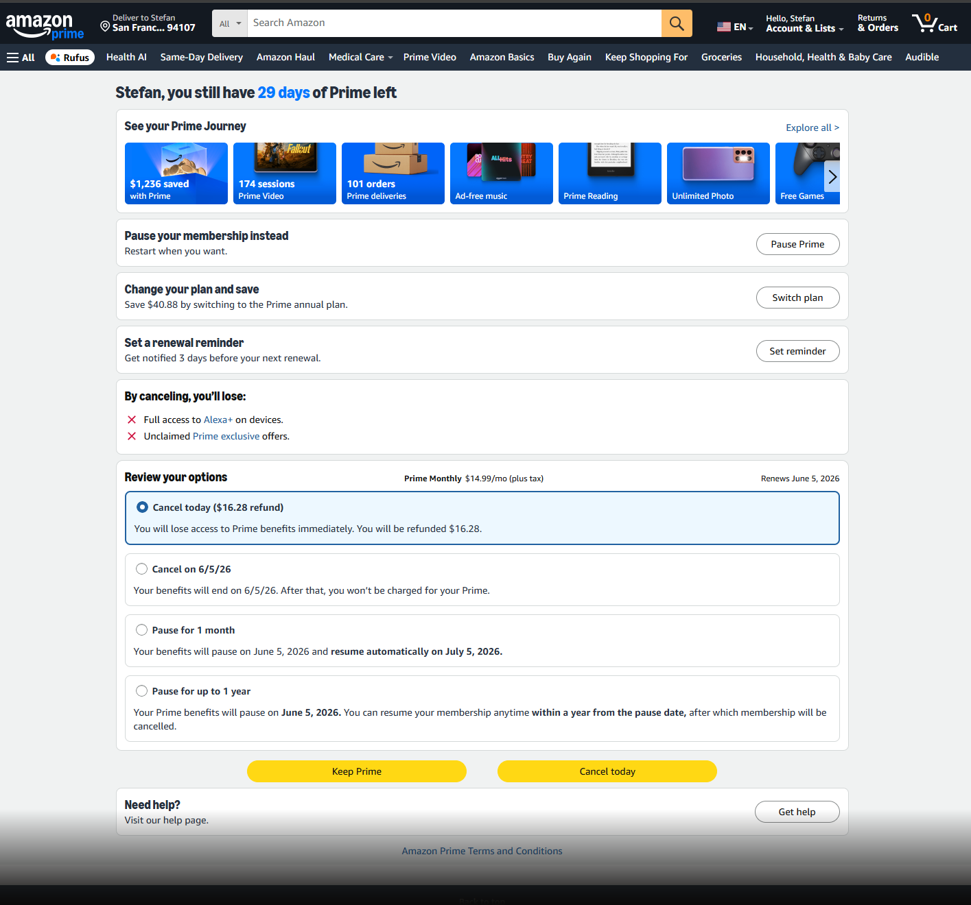 Post-settlement Amazon Prime cancel page captured 2026-05-06. Top: 7-tile Prime Journey sunk-cost carousel. Middle: three stacked save CTAs (Pause, Switch plan, Set reminder), loss-framed bullet box, four iso-styled radio options. Bottom: two yellow equal-weight buttons, Keep Prime and Cancel today.
