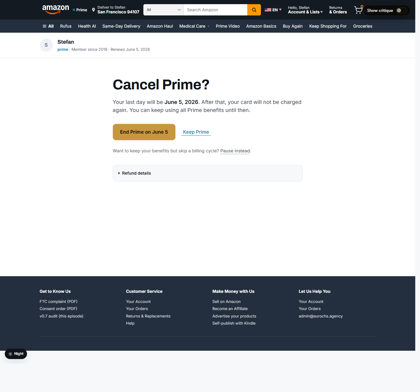 Aurochs honest rebuild. Cancel Prime headline, dated cancel button, link-weight Keep Prime escape, optional pause line, collapsed refund details.