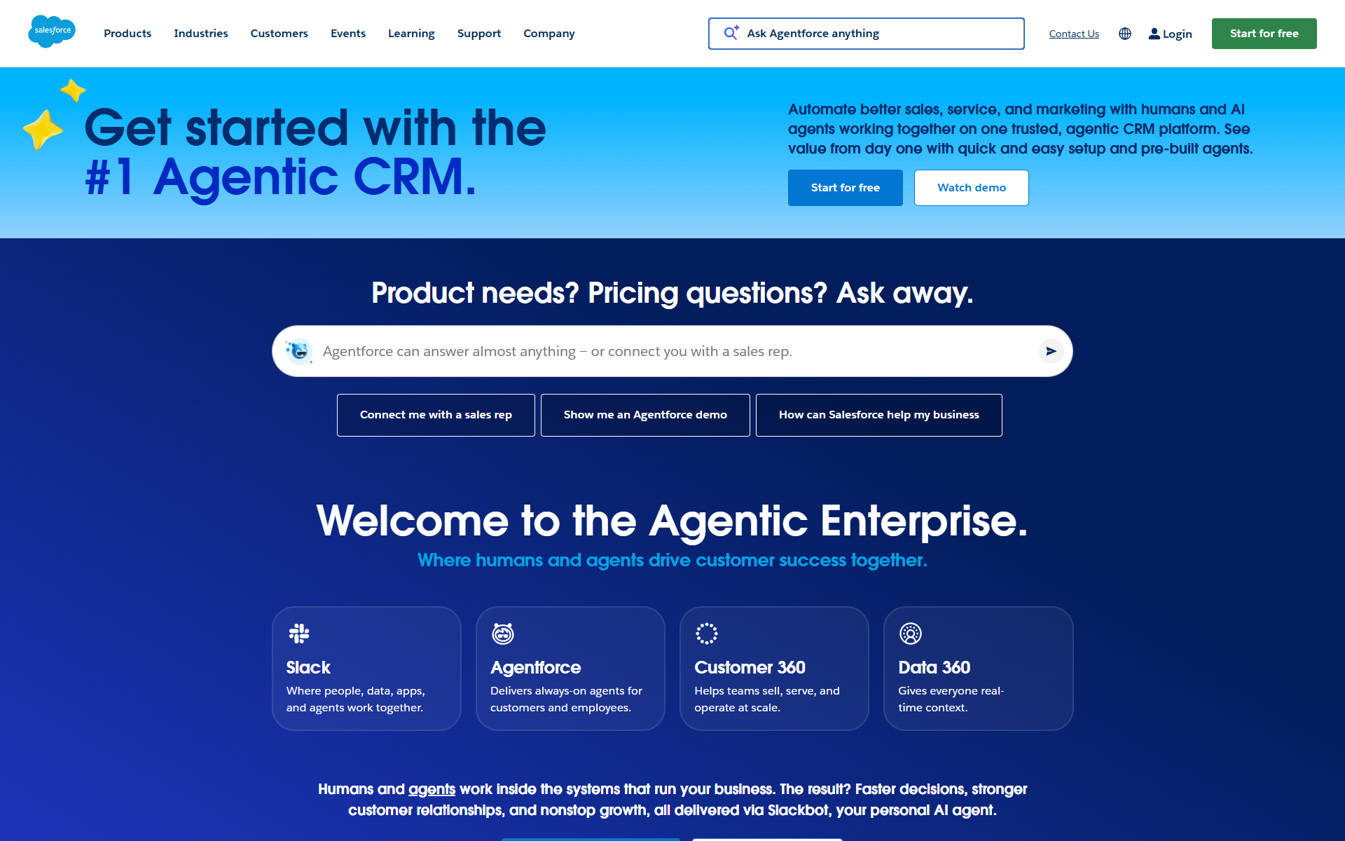 Salesforce homepage above-the-fold capture at 1920x1080, 2026-05-09. Top: white nav with Products, Industries, Customers, Events, Learning, Support, Company links plus search and a green Start for free button. Middle: light-blue gradient hero with Get started with the #1 Agentic CRM headline and two CTAs. Below: dark-blue Agentforce chatbot input with three chip prompts. Below that: deeper-blue Welcome to the Agentic Enterprise band with four product cards (Slack, Agentforce, Customer 360, Data 360).